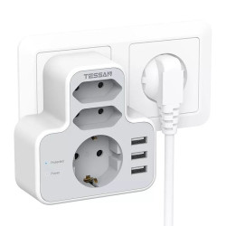 priza multipla tessan ts-327, 3 prize, 3 porturi usb, 240 v, alb ,3600w, 16a