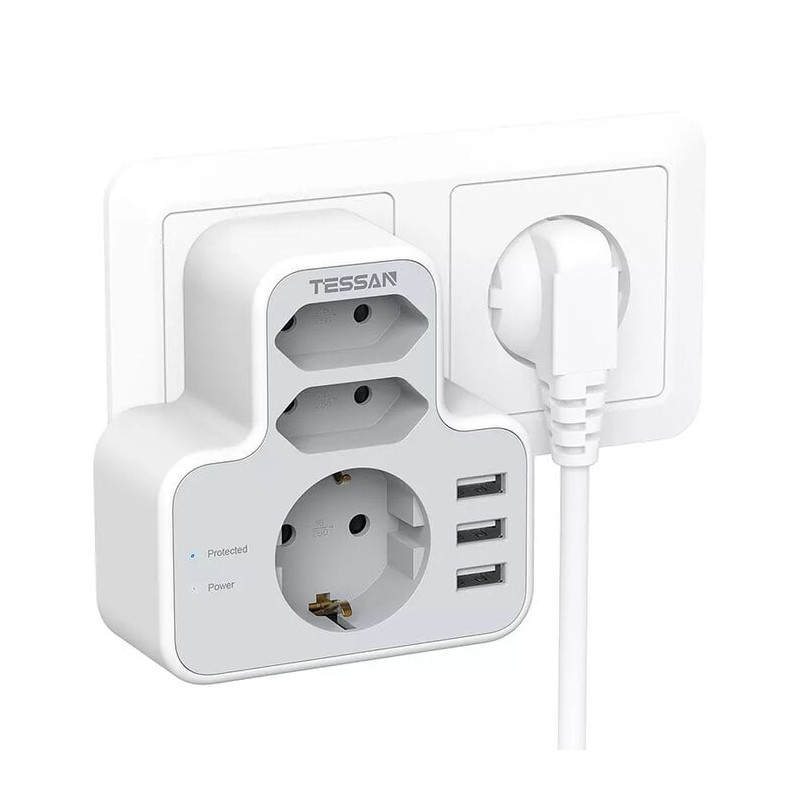 priza multipla tessan ts-327, 3 prize, 3 porturi usb, 240 v, alb ,3600w, 16a