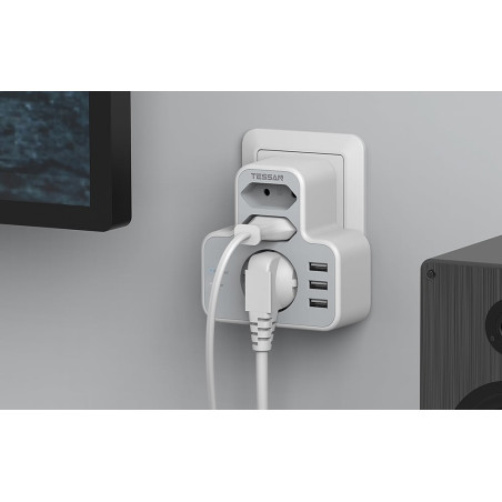 priza multipla tessan ts-327, 3 prize, 3 porturi usb, 240 v, alb ,3600w, 16a