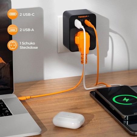 adaptor tessan ts-fw01de00, 2xusb-c, 2xusb a, 30 w, 16a
