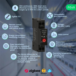 siguranta smart nous d5z pro, 32a continuu, 63a varf scurt, zigbee 3.0, 1 canal, masurare energie (w, kwh, v, a), montare pe sin