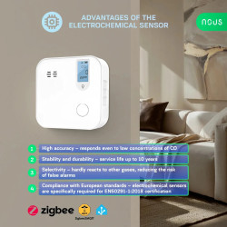 detector smart monoxid de carbon nous e12 zigbee, senzor electrochimic, alarma ,  85,  db, monitorizare co (ppm), zigbee 3.0, mo
