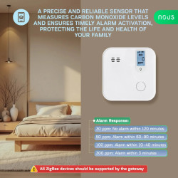 detector smart monoxid de carbon nous e12 zigbee, senzor electrochimic, alarma ,  85,  db, monitorizare co (ppm), zigbee 3.0, mo