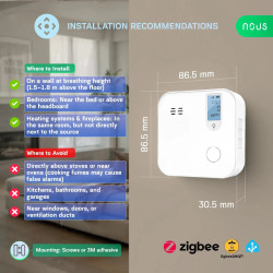 detector smart monoxid de carbon nous e12 zigbee, senzor electrochimic, alarma ,  85,  db, monitorizare co (ppm), zigbee 3.0, mo