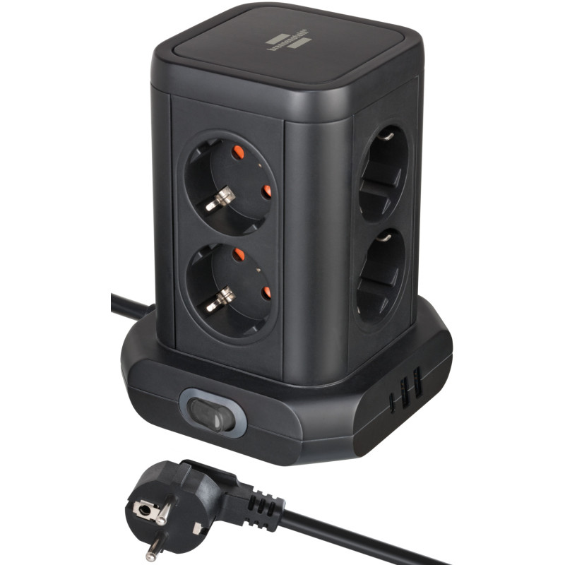 prelungitor tip turn brennenstuhl, 8 prize, 2 x usb a, 1 x usb-c, cablu 2m, pozitionare prize 45  ,