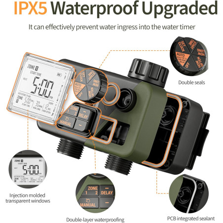 programator automat pentru irigare diivoo di-wt21m-eugn, 2 zone, ipx5, functie rain delay