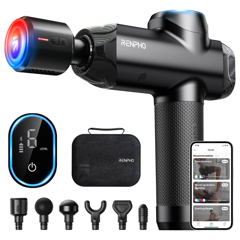 aparat de masaj gun renpho thermacool power+, incalzire si racire, 6 capete, 5 viteze, control din telefon bluetooth