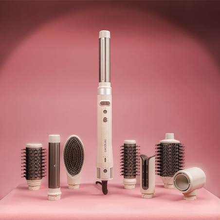 set perie rotativa cu 8 capete cecotec ceramiccare 8in1 airglam gyro, multistyler, ondulator, 1500w, perie pentru indreptat paru