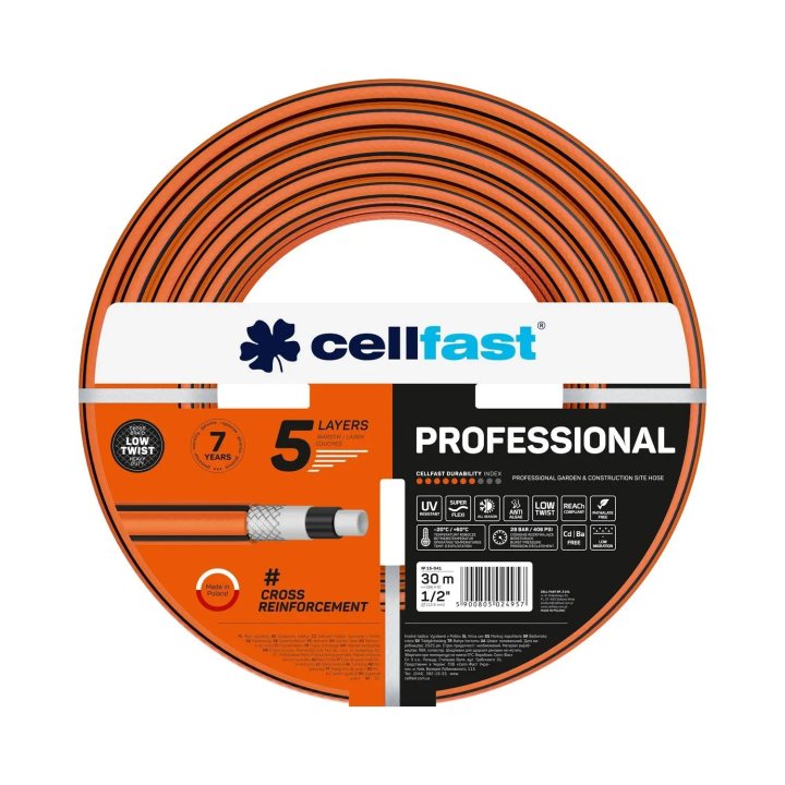 furtun pentru gradina cellfast professional cu 5 straturi, 1 2  , 30m, 28 bari, protectie uv, antirasucire
