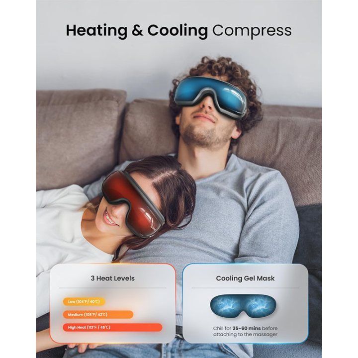 aparat de masaj ochi renpho eyeris 3, vibratii, compresie aer, functie incalzire, bluetooth, muzica, pliabil, relaxare ochi, red