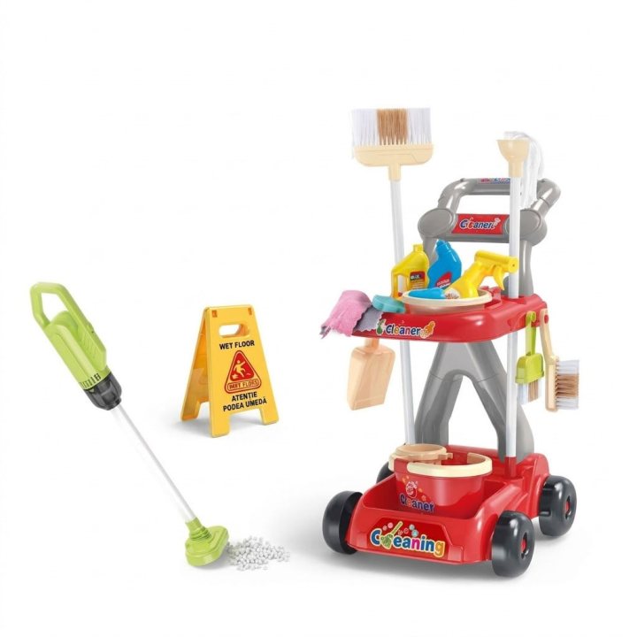 set de joaca curatenie rovo 223, aspirator electric, carucior cu roti, 24 piese