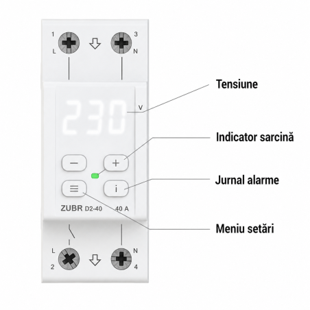Releu protectie supratensiune ZUBR D2-50 50A IP20 supratemperatura, reglaj histerezis, afisaj ALB, ZUBR