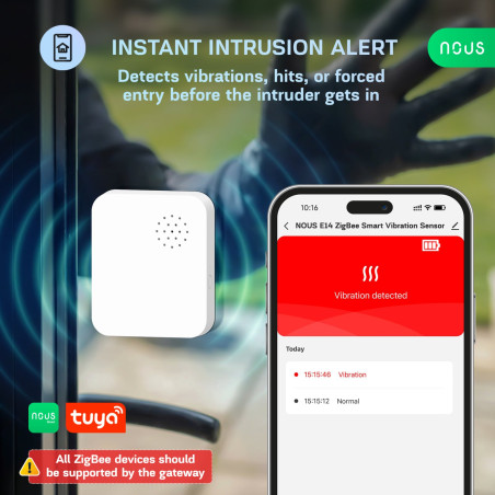 senzor vibratii smart nous e14 zigbee 3.0, alarma anti-efractie cu sirena puternica, notificari aplicatie, compatibil alexa goog