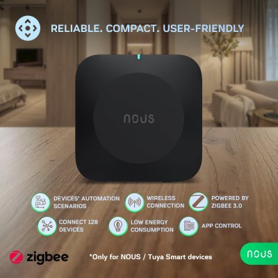 hub smart gateway nous e15 zigbee, wifi 2.4 5 ghz, suport 128 dispozitive, control aplicatie, compatibil alexa google assistant