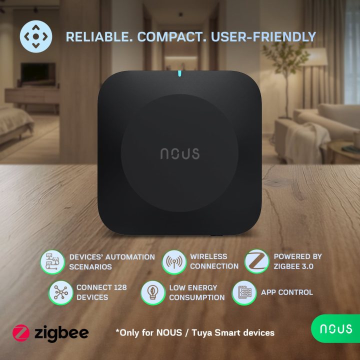 hub smart gateway nous e15 zigbee, wifi 2.4 5 ghz, suport 128 dispozitive, control aplicatie, compatibil alexa google assistant