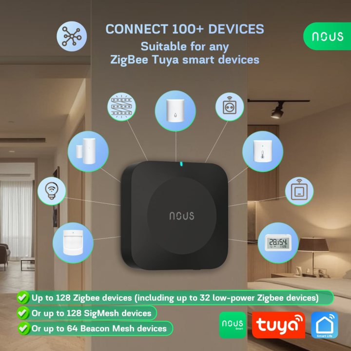 hub smart gateway nous e15 zigbee, wifi 2.4 5 ghz, suport 128 dispozitive, control aplicatie, compatibil alexa google assistant
