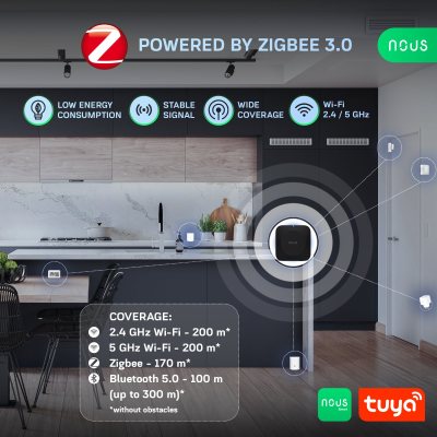 hub smart gateway nous e15 zigbee, wifi 2.4 5 ghz, suport 128 dispozitive, control aplicatie, compatibil alexa google assistant
