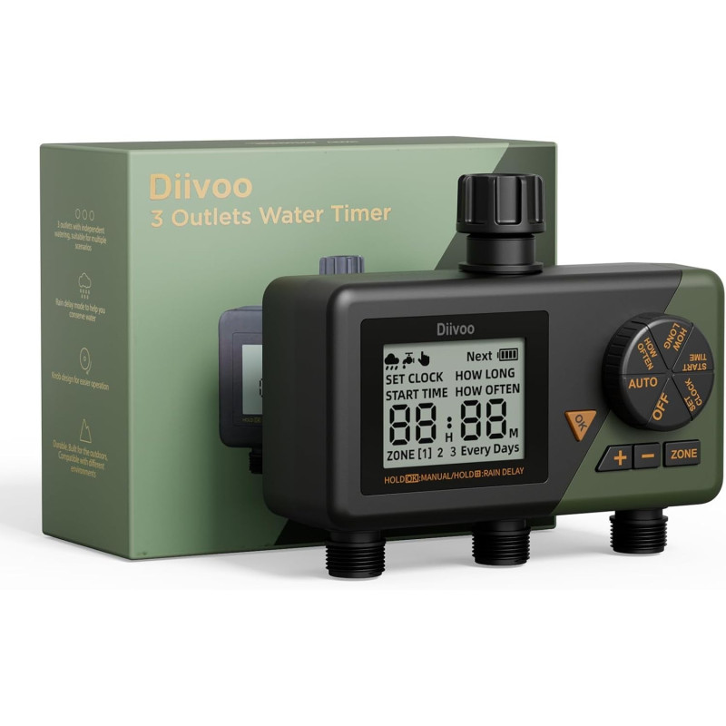 programator automat pentru irigare diivoo wt10m-gn, 3 zone, ip54, functie rain delay programator automat pentru irigare diivoo wt10m-gn, 3 zone, ip54, functie rain delay