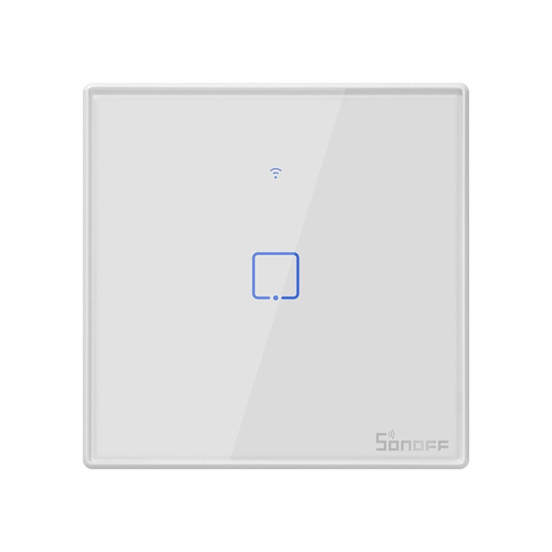 intrerupator inteligent simplu cu touch sonoff t2eu1c tx, wi-fi, compatibil amazon alexa si google assistant, sticla, alb