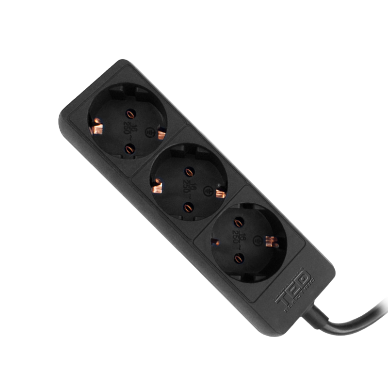 prelungitor 5 metri cu 3 schuko, cablu 3x 1.5mm, culoare negru, putere 3680w 16a, ted electric ted001856