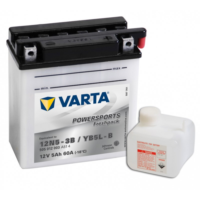 baterie moto 12v 5ah, pornire 60a, dimensiuni 121 x 61 x 131 mm varta freshpack borna+ dreapta 505012003