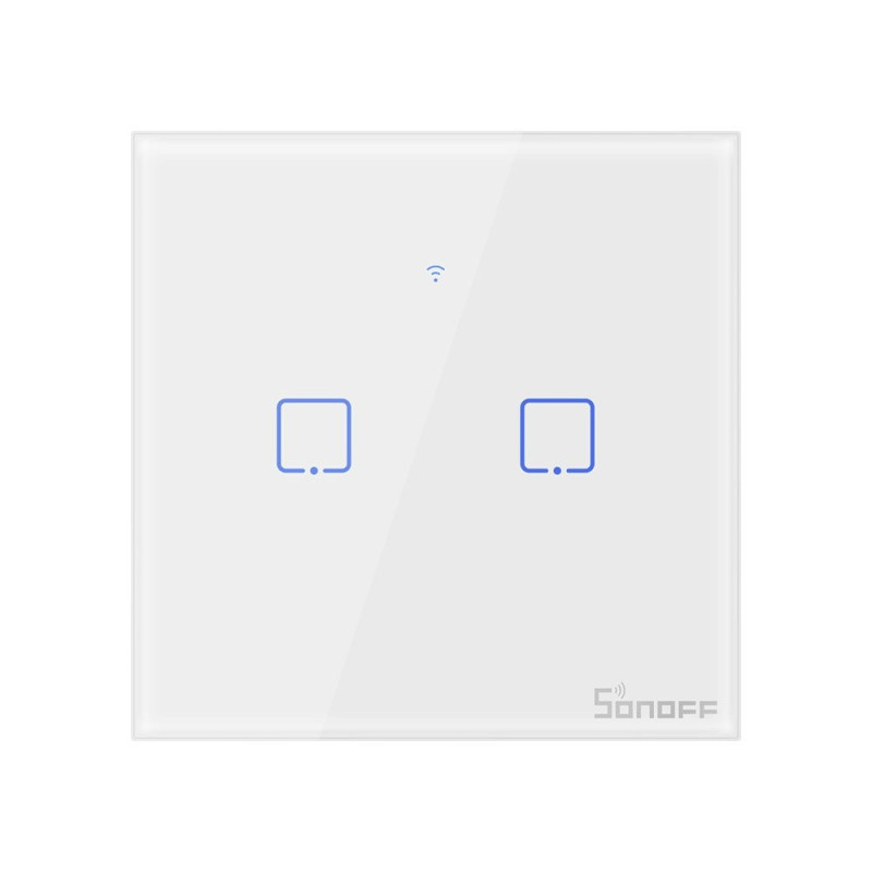 intrerupator inteligent cu touch sonoff t2 eu tx, wireless + rf 433, 2 canale, compatibil ios/android, amazon alexa/google assis
