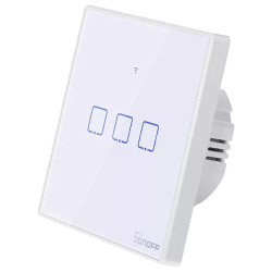 intrerupator inteligent cu touch sonoff t2 eu tx, wireless + rf 433, 3 canale, compatibil ios/android, amazon alexa/google assis