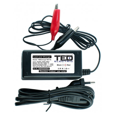 incarcator acumulator 12v putere incarcare 1a, incarca baterie pana la 20 ah, ted ted003546