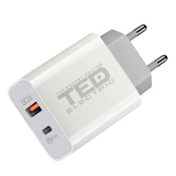 alimentator incarcator de la retea la 2x usb: 1x usb type-c si 1x usb-a 3.0 pd 18w negru fast charge, ted electric ted600403