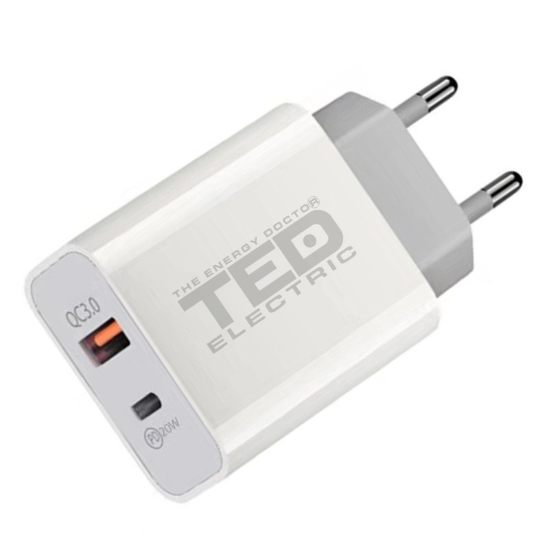 alimentator incarcator de la retea la 2x usb: 1x usb type-c si 1x usb-a 3.0 pd 18w negru fast charge, ted electric ted600403 alimentator incarcator de la retea la 2x usb: 1x usb type-c si 1x usb-a 3.0 pd 18w negru fast charge, ted electric ted600403