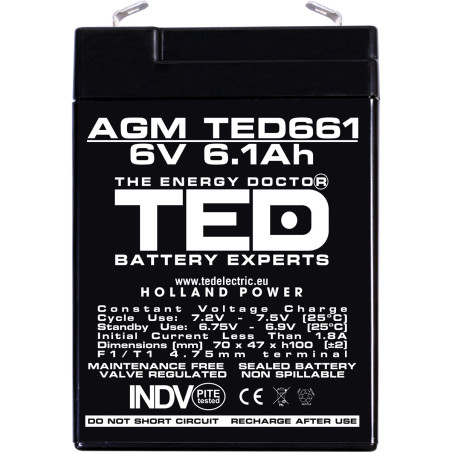 acumulator agm vrla 6v 6,1ah dimensiuni 70 x 47 x 100 mm f1 - ted002938 (20)