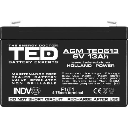 acumulator agm vrla 6v 13ah dimensiuni 151 x 50 x 94 mm f1 - ted003010 (10)