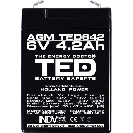 acumulator agm vrla 6v 4,2ah dimensiuni 70 x 47 x 100 mm f1 - ted002914 (20)