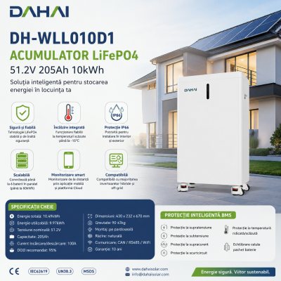 Acumulator LiFePO4 Dahai Solar DH-WLL010D1 51.2V 205Ah 10kWh IP66 pentru sisteme fotovoltaice