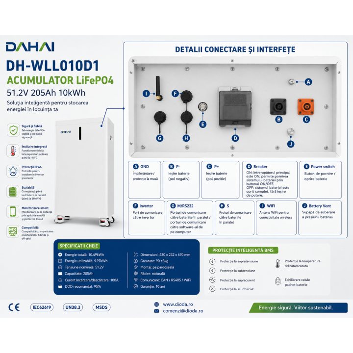 Acumulator LiFePO4 Dahai Solar DH-WLL010D1 51.2V 205Ah 10kWh IP66 pentru sisteme fotovoltaice
