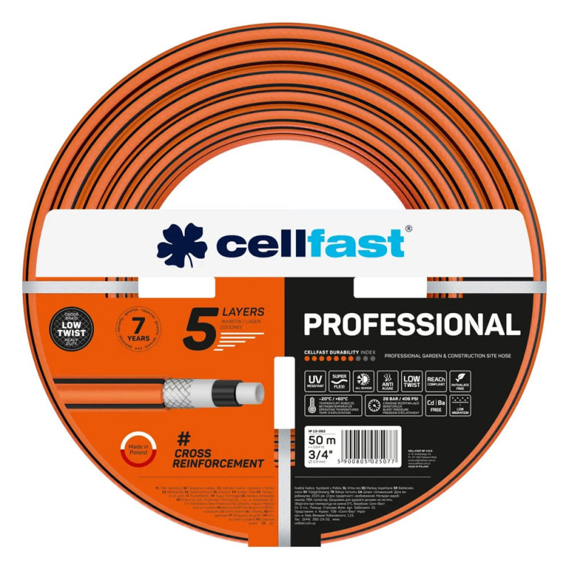 furtun pentru gradina cellfast professional cu 5 straturi, 3 4  , 50m, 28 bari, protectie uv, antirasucire