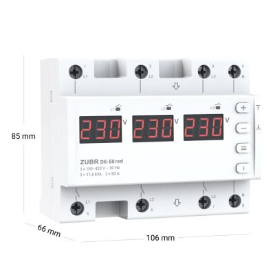 Releu de protectie tensiune trifazat, 50A, 6M, ZUBR, D6-50-RED, sina DIN, Afisaj Rosu