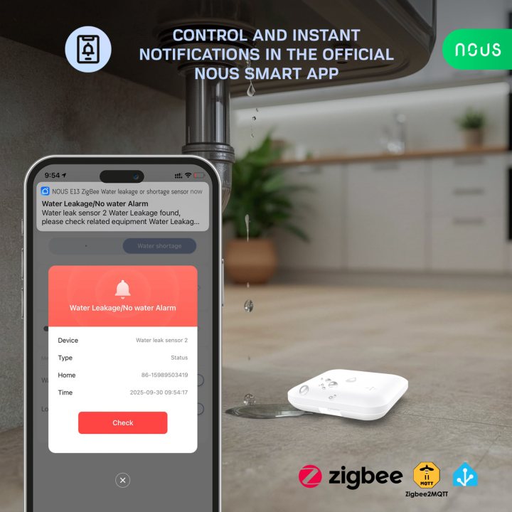 senzor smart nous e13, zigbee 3.0, detectie scurgeri si lipsa apa, alarma locala, notificari mobile, ip66, alimentare baterii