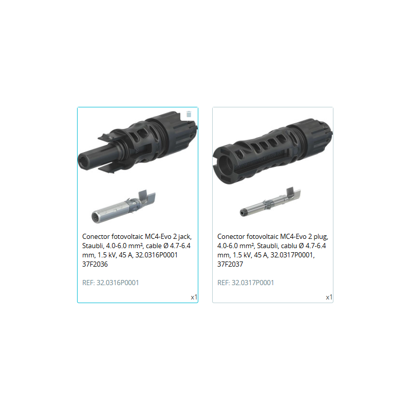 Pereche Conectori MC4-Evo 2 jack, Staubli, 4.0-6.0 mm², cable Ø 4.7-6.4 mm, 1.5 kV, 45 A