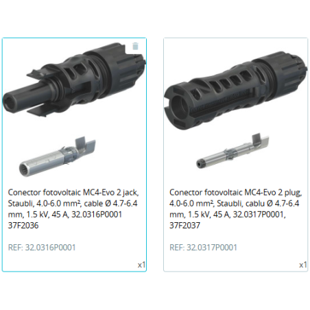 Pereche Conectori MC4-Evo 2 jack, Staubli, 4.0-6.0 mm², cable Ø 4.7-6.4 mm, 1.5 kV, 45 A