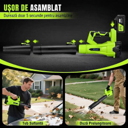 suflanta pentru frunze cu acumulator rovo bf811, 6 niveluri de viteza,  2 acumulatori, 21v, 4.0ah, viteza 209 km h, 650cfm