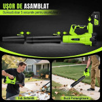 suflanta pentru frunze cu acumulator rovo bf811, 6 niveluri de viteza,  2 acumulatori, 21v, 4.0ah, viteza 209 km h, 650cfm