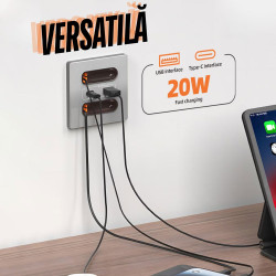 priza de perete rovo aac, incarcare rapida 20w, cabluri retractabile, usb-c si lightning, porturi usb-a si usb-c, 16a
