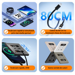 priza de perete rovo aac, incarcare rapida 20w, cabluri retractabile, usb-c si lightning, porturi usb-a si usb-c, 16a