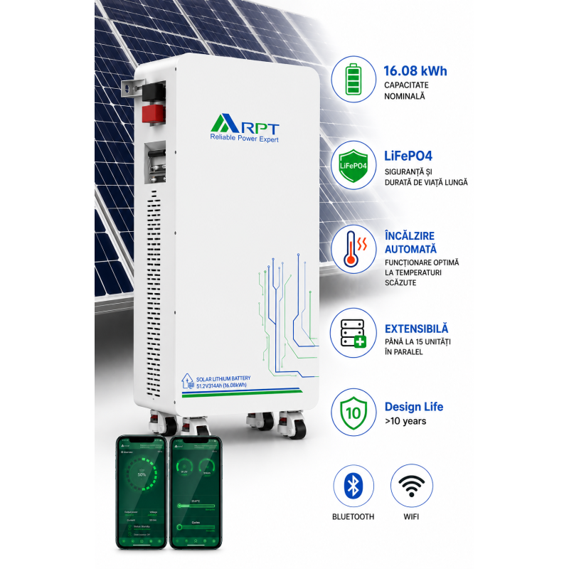 Baterie fotovoltaică RPT 16kWh 51,2V 314Ah, LiFePO4 autoîncălzire, Bluetooth, WiFI, BMS PACE 200A, Celule REPT Grade A Acumulator LiFePO4 RPT RPES-W2 51.2V 314Ah – 16,08 kWh, BMS, CAN, RS485, 200A pentru sisteme fotovoltaice și stocarea energiei