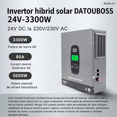 Invertor hibrid 3300W 24V, conectat la rețea, funcționează fără baterie,protecție BMS, MPPT 150A