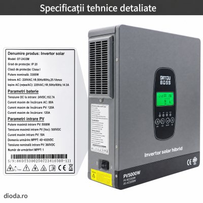 Invertor hibrid 3300W 24V, conectat la rețea, funcționează fără baterie,protecție BMS, MPPT 150A
