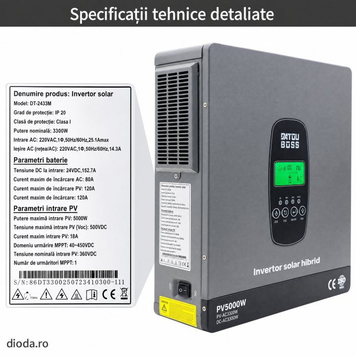 Invertor hibrid 3300W 24V, conectat la rețea, funcționează fără baterie,protecție BMS, MPPT 150A