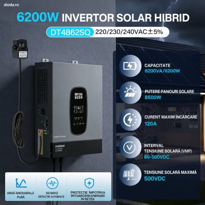 Invertor hibrid solar 6200W 48VDC , MPPT 120A, intrare PV 8500W, intrare PV 27A, anti-reflux