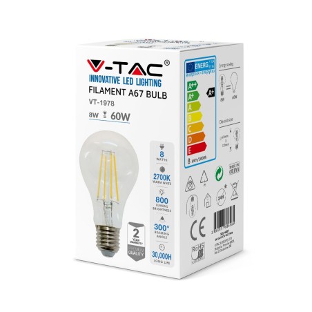 Bec LED - 8W Filament Patent E27 A67, Alb rece